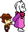 Toriel guiding Clover while holding their hand.